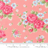 a vibrant floral pattern with pink and white flowers against a peach background.
