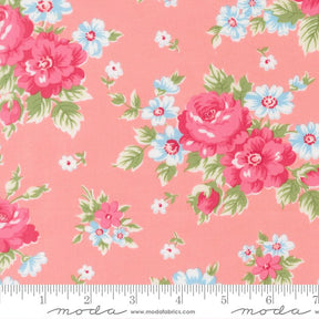 a vibrant floral pattern with pink and white flowers against a peach background.