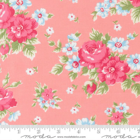 a vibrant floral pattern with pink and white flowers against a peach background.