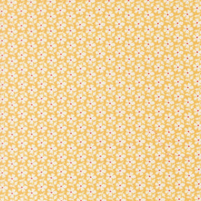 a repeating pattern of yellow flowers with red centers, creating a visually appealing and vibrant design.