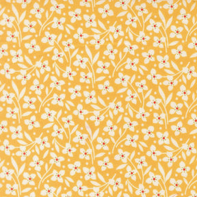 a repeating pattern of white flowers with red centers against a yellow background.