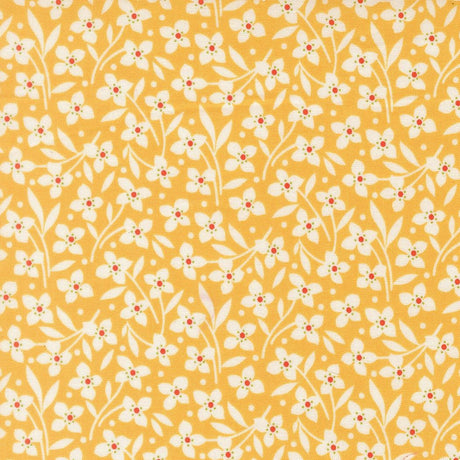 a repeating pattern of white flowers with red centers against a yellow background.