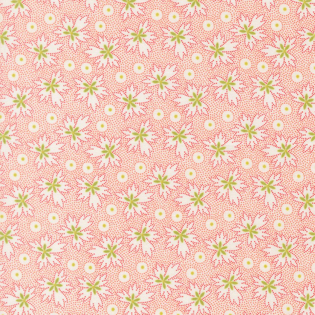 a repeating pattern of pink and green flowers with white centers, creating a visually appealing and vibrant design.