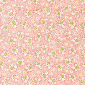a repeating pattern of pink and green flowers with white centers, creating a visually appealing and vibrant design.