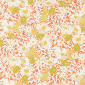 The image is a vibrant and colorful floral pattern with various flowers and leaves in shades of white, orange, and green. The pattern appears to be a repeating design, creating a visually appealing and lively composition.