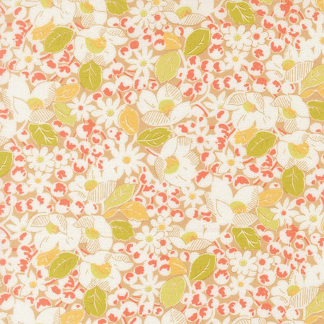 The image is a vibrant and colorful floral pattern with various flowers and leaves in shades of white, orange, and green. The pattern appears to be a repeating design, creating a visually appealing and lively composition.