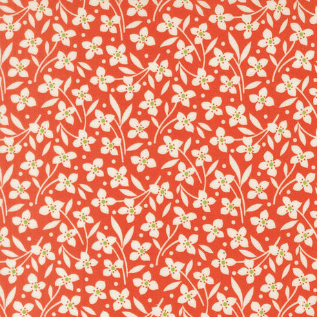 a repeating pattern of white flowers with green centers against a red background.