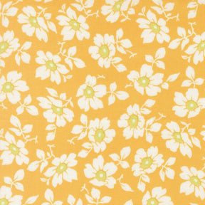 a repeating pattern of white flowers with green centers against a yellow background.