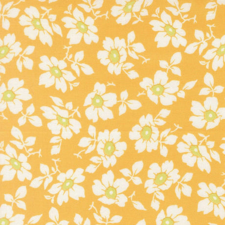 a repeating pattern of white flowers with green centers against a yellow background.