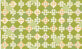 The image is a collage of various geometric patterns and shapes, including squares, rectangles, and diamonds, arranged in a repeating pattern. The colors used are green, orange, and white, creating a visually striking and vibrant design.