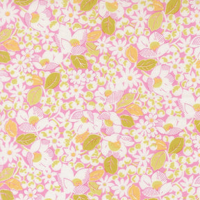 The image is a vibrant and colorful floral pattern, featuring a variety of flowers and leaves in shades of pink, yellow, and green. The pattern is composed of numerous small flowers and leaves, creating a lively and dynamic visual effect.