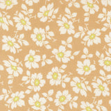 a repeating pattern of white flowers with yellow centers against a beige background.