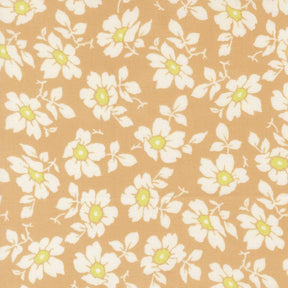 a repeating pattern of white flowers with yellow centers against a beige background.