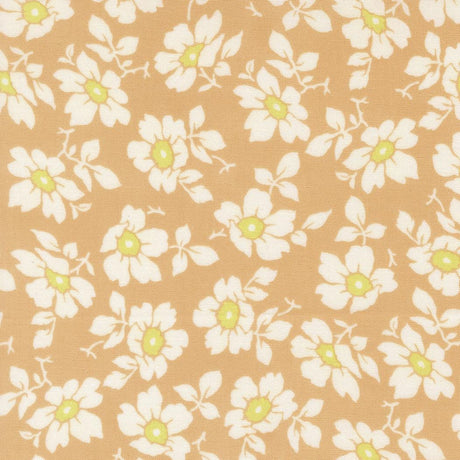 a repeating pattern of white flowers with yellow centers against a beige background.