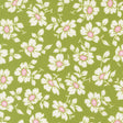 a repeating pattern of white flowers with pink centers against a green background.