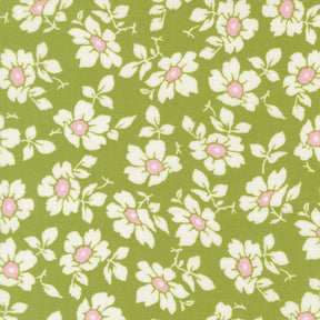 a repeating pattern of white flowers with pink centers against a green background.