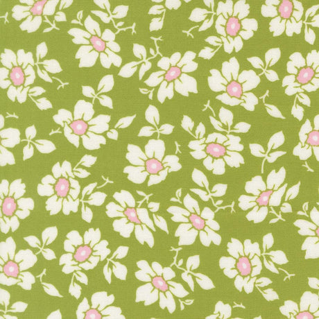 a repeating pattern of white flowers with pink centers against a green background.