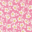 a repeating pattern of white and yellow flowers against a pink background.