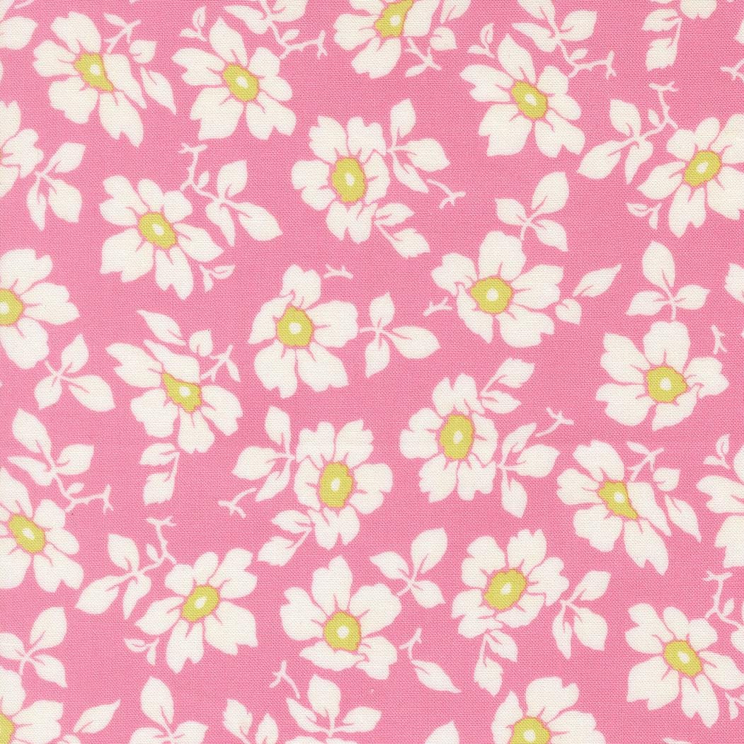 a repeating pattern of white and yellow flowers against a pink background.