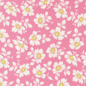 a repeating pattern of white and yellow flowers against a pink background.