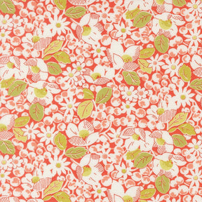 a vibrant floral pattern with red, white, and green colors. The pattern consists of various flowers and leaves, creating a lively and visually appealing design.