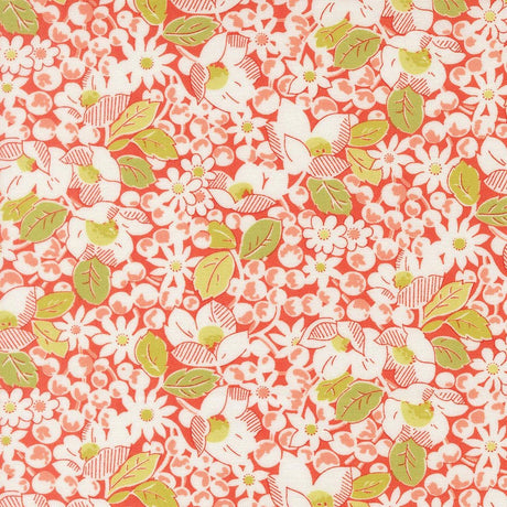 a vibrant floral pattern with red, white, and green colors. The pattern consists of various flowers and leaves, creating a lively and visually appealing design.