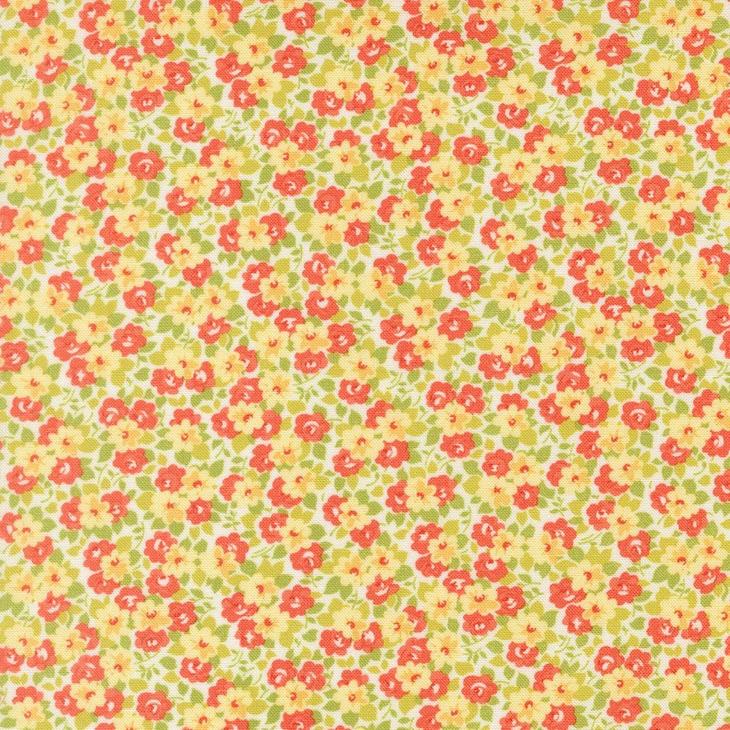 The image is a repeating pattern of red and yellow flowers on a white background.