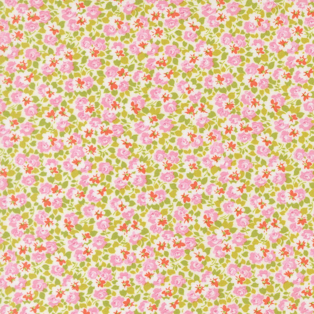 The image is a repeating pattern of pink and green flowers on a white background.