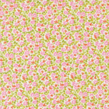 The image is a repeating pattern of pink and green flowers on a white background.