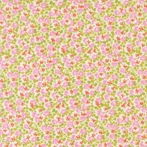 The image is a repeating pattern of pink and green flowers on a white background.