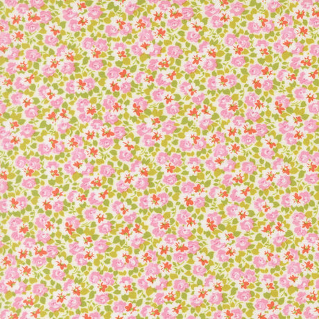 The image is a repeating pattern of pink and green flowers on a white background.