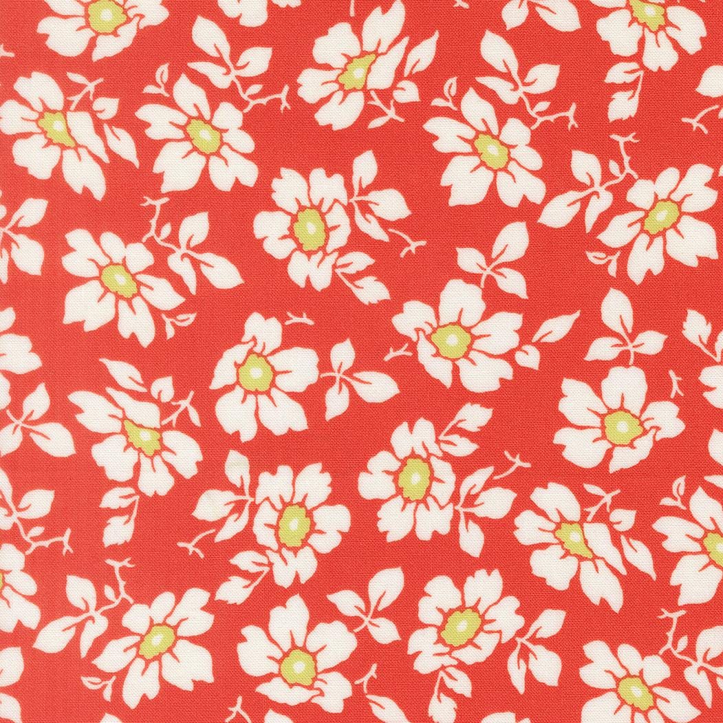 a repeating pattern of white flowers with green centers against a red background.