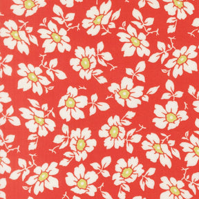 a repeating pattern of white flowers with green centers against a red background.