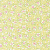 a repeating pattern of pink and white flowers on a yellow background.