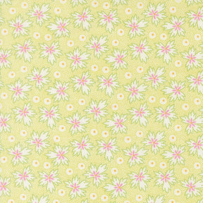 a repeating pattern of pink and white flowers on a yellow background.