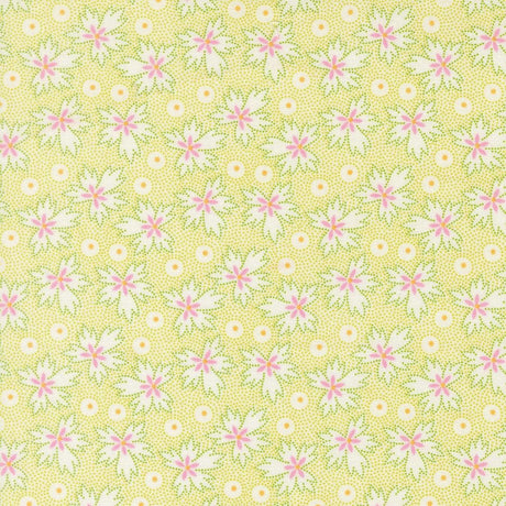 a repeating pattern of pink and white flowers on a yellow background.