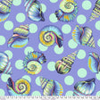 a vibrant and colorful pattern of various seashells against a purple background with green polka dots.