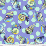 a vibrant and colorful pattern of various seashells against a purple background with green polka dots.
