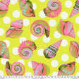 a vibrant and colorful pattern of pink and green seashells against a yellow background with white polka dots.