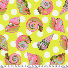 a vibrant and colorful pattern of pink and green seashells against a yellow background with white polka dots.