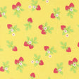 a repeating pattern of red strawberries with green leaves and white flowers on a yellow background.