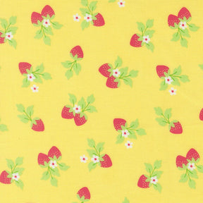 a repeating pattern of red strawberries with green leaves and white flowers on a yellow background.