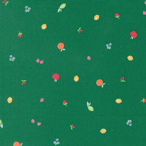 a variety of colorful fruits, including apples, oranges, and cherries, scattered across a green background.