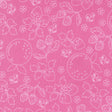 a repeating pattern of various fruits and flowers on a pink background.