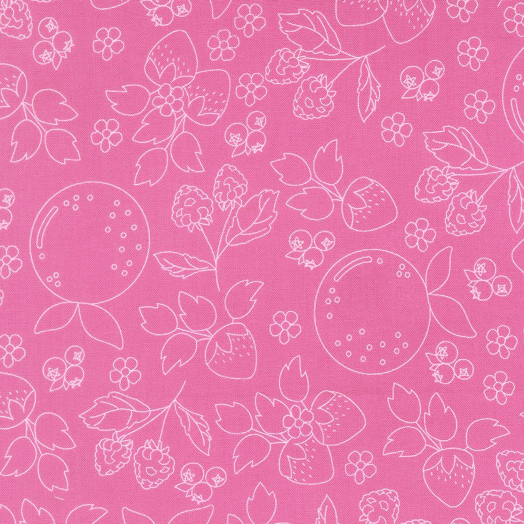 a repeating pattern of various fruits and flowers on a pink background.