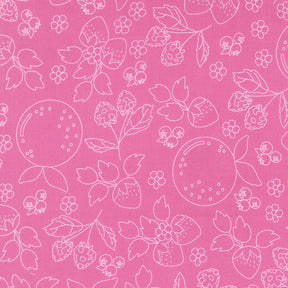 a repeating pattern of various fruits and flowers on a pink background.