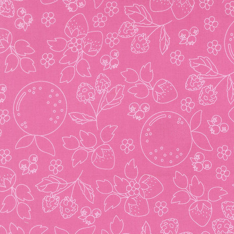 a repeating pattern of various fruits and flowers on a pink background.