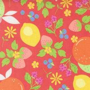 The image is a vibrant and colorful pattern featuring various fruits and flowers, including strawberries, blueberries, lemons, oranges, and other citrus fruits. The pattern is a lively and cheerful representation of nature's bounty, with the bright colors and playful arrangement of the fruits and flowers creating a visually appealing and energetic design.