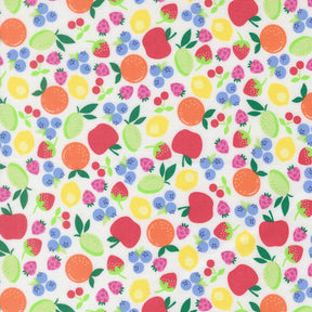 The image is a vibrant and colorful pattern featuring various fruits such as apples, oranges, and berries, all set against a white background.