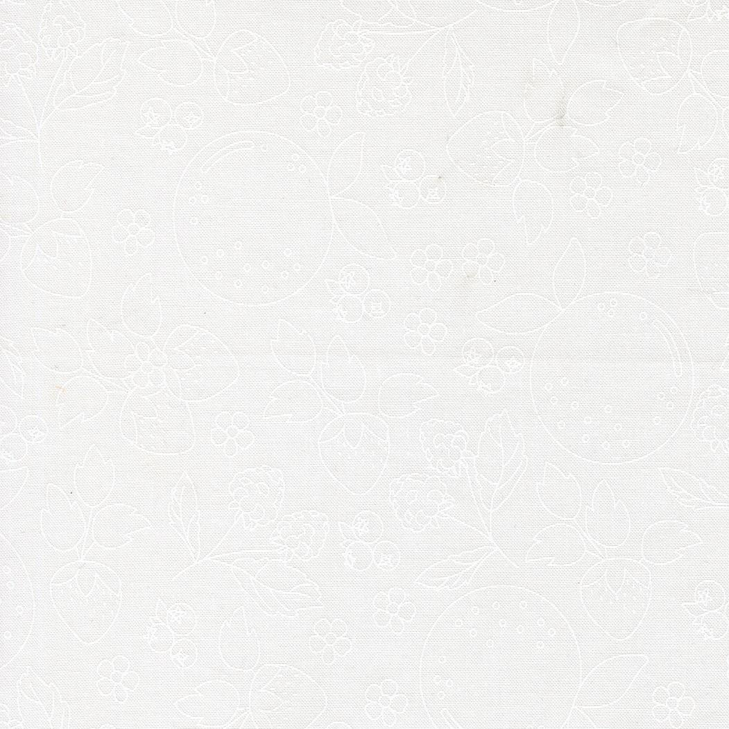 The image is a white fabric with a repeating pattern of flowers and leaves.